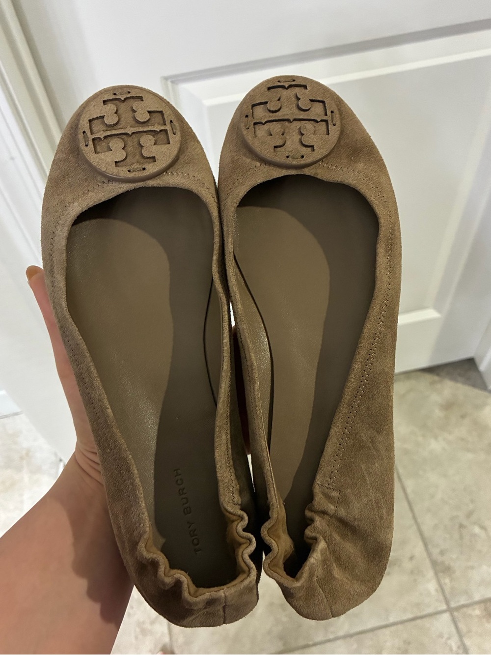 Tory Burch Taupe Suede Logo Ballet Flats